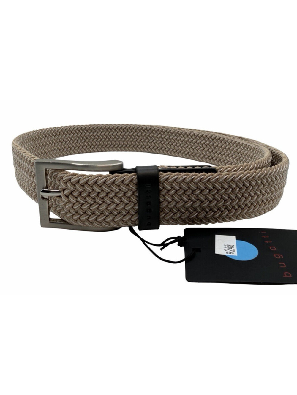 Bugatti Woven Elasticized Grey Leather Trim Belt Beige White Size 40" | 100 cm
